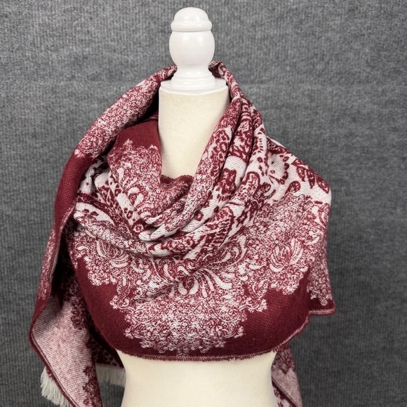 Source Unknown Accessories - Wool Blend Paisley Wrap Shawl Scarf Preppy Cozy Maroon Burgundy